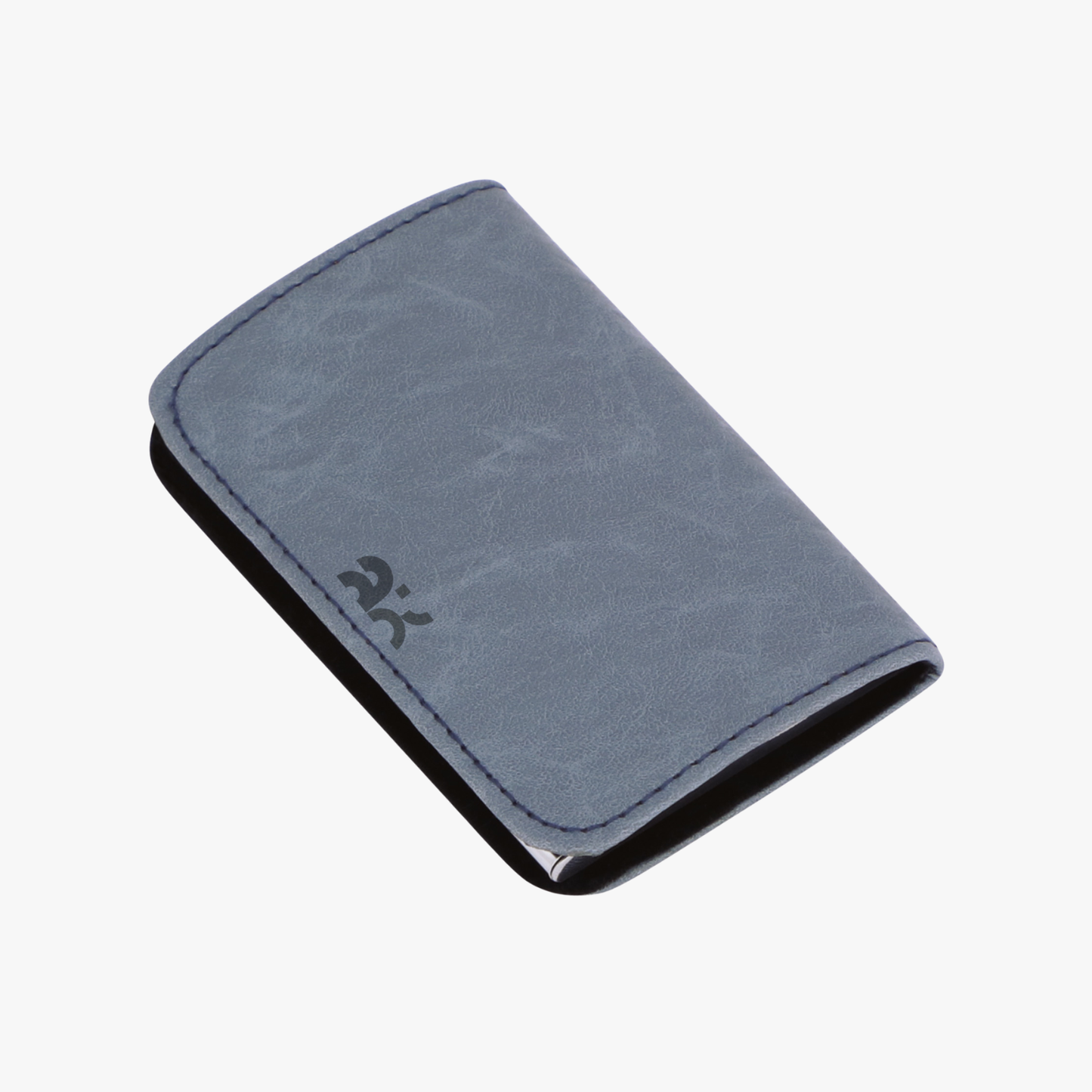 Blue wallet with a brand logo on a white background