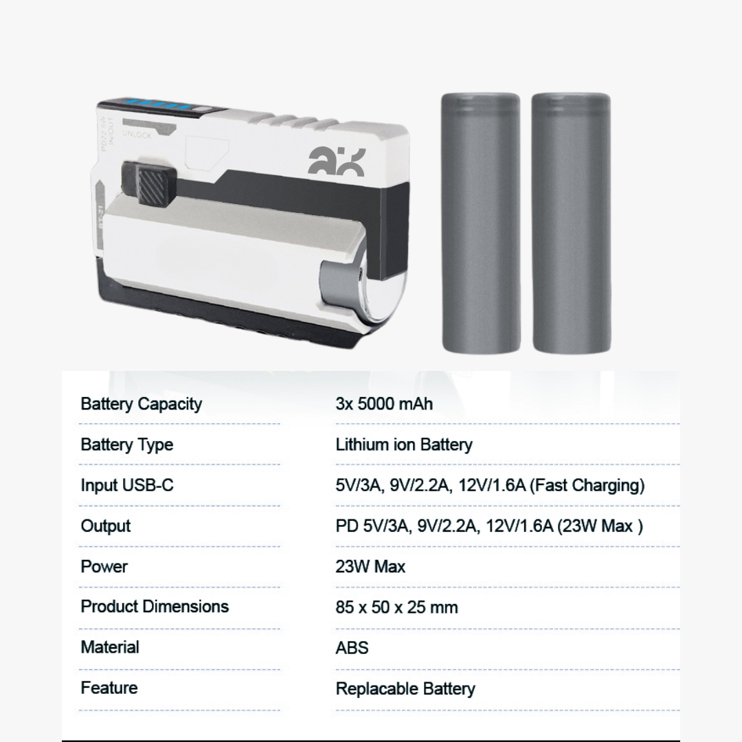 Product packaging with two batteries and technical specifications on a white background