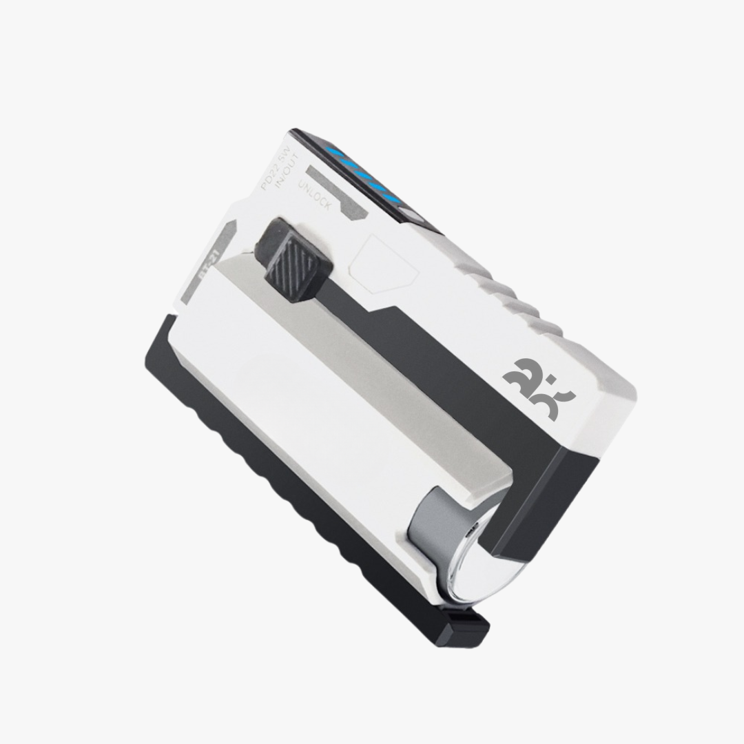 White and black electronic device with a brand logo on a white background