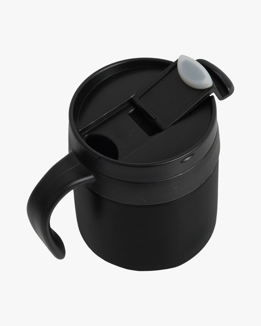 Black travel mug with a lid on a white background