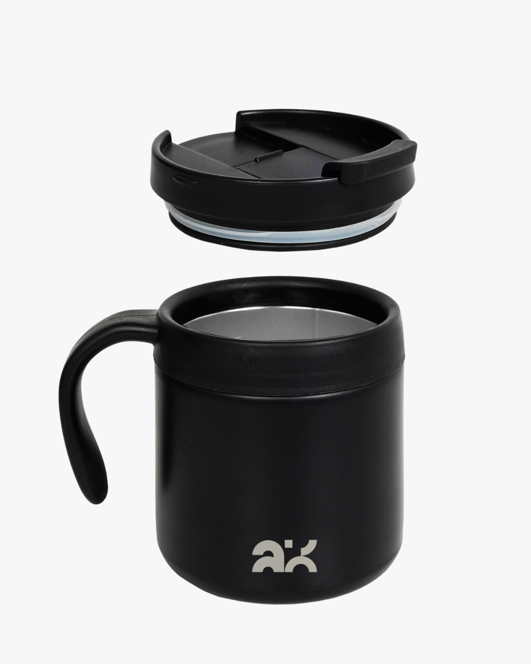 Black insulated mug with lid on a white background