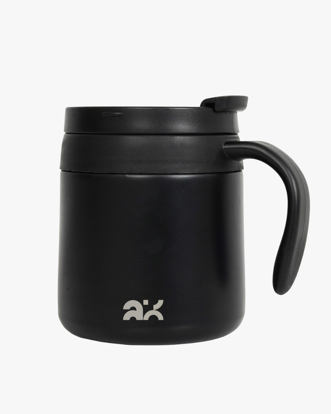 Black insulated mug with handle on a white background