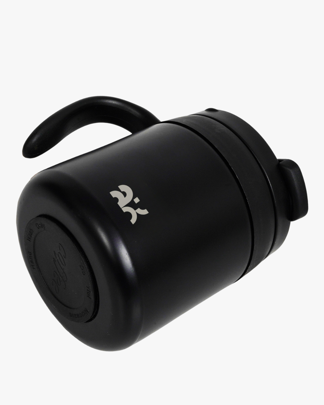 Black insulated mug with a logo on a white background