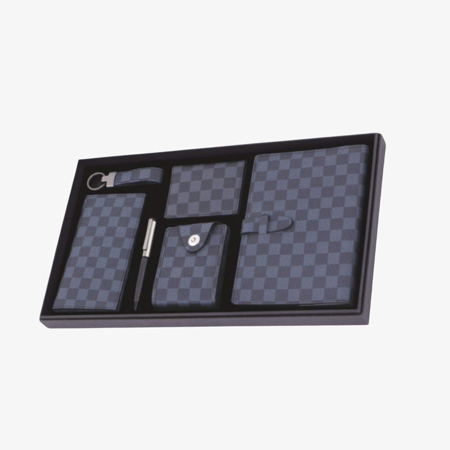 Set of checkered pouches in a black tray on a white background