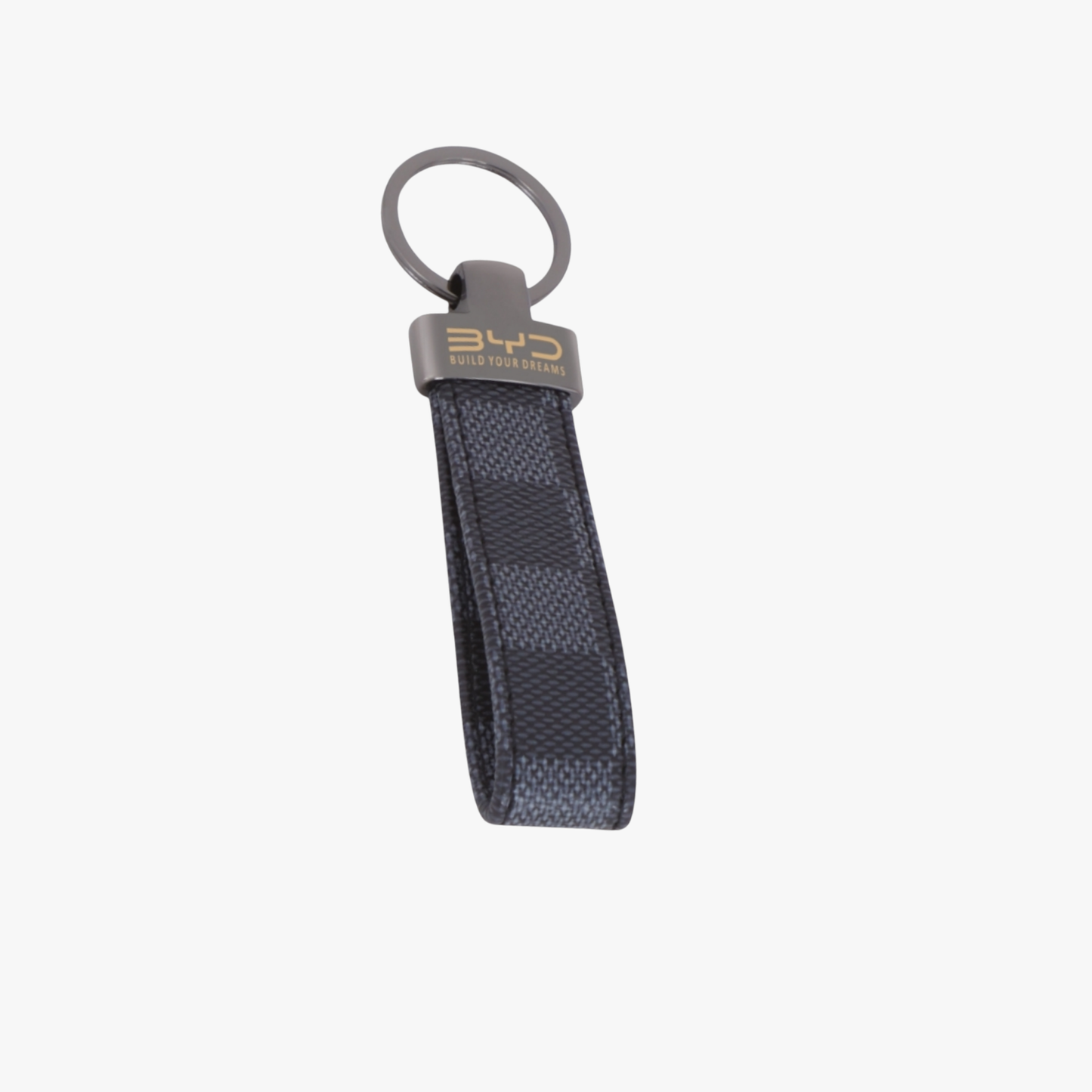 Keychain with checkered pattern and BYD logo on a white background