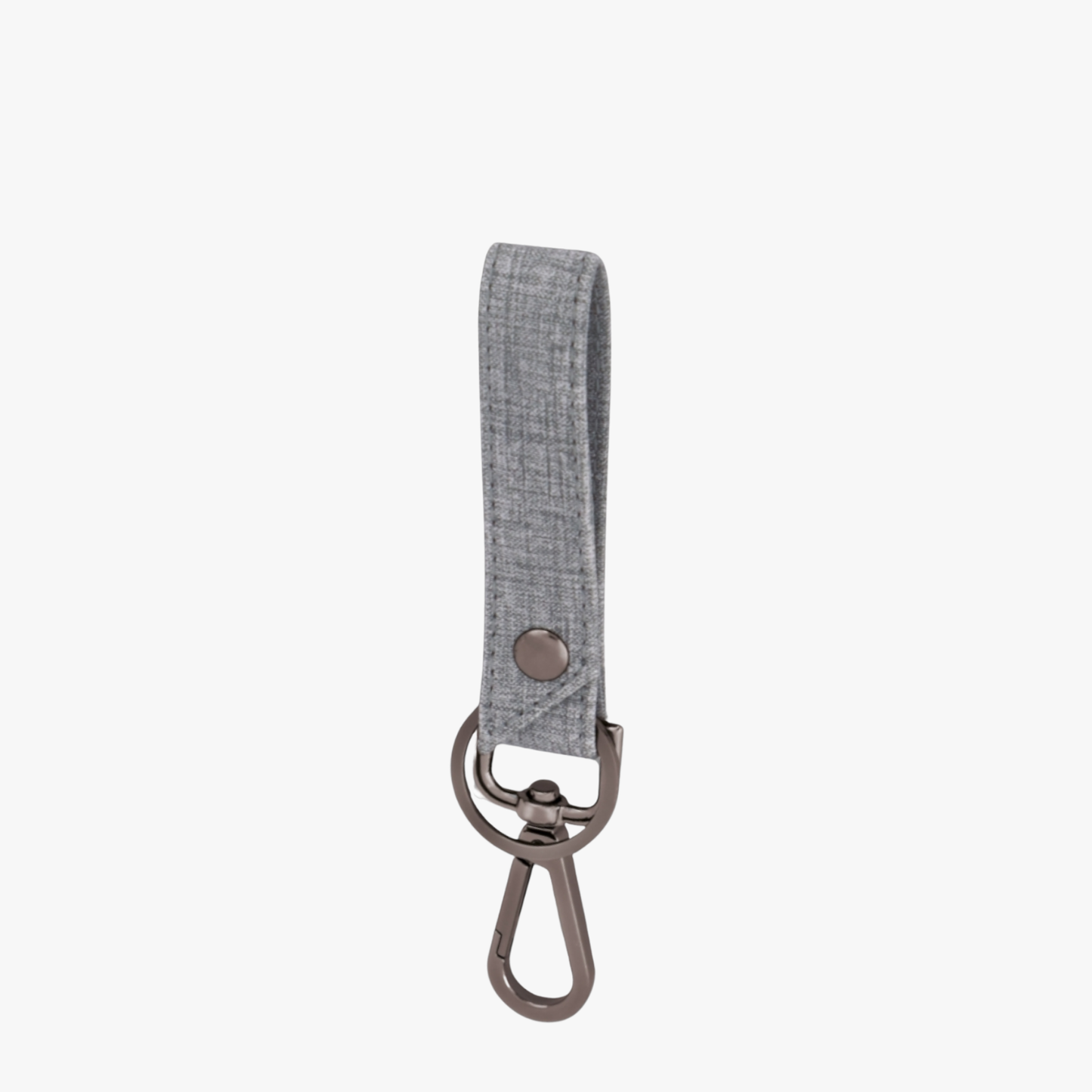 Gray fabric keychain with metal clasp on a white background