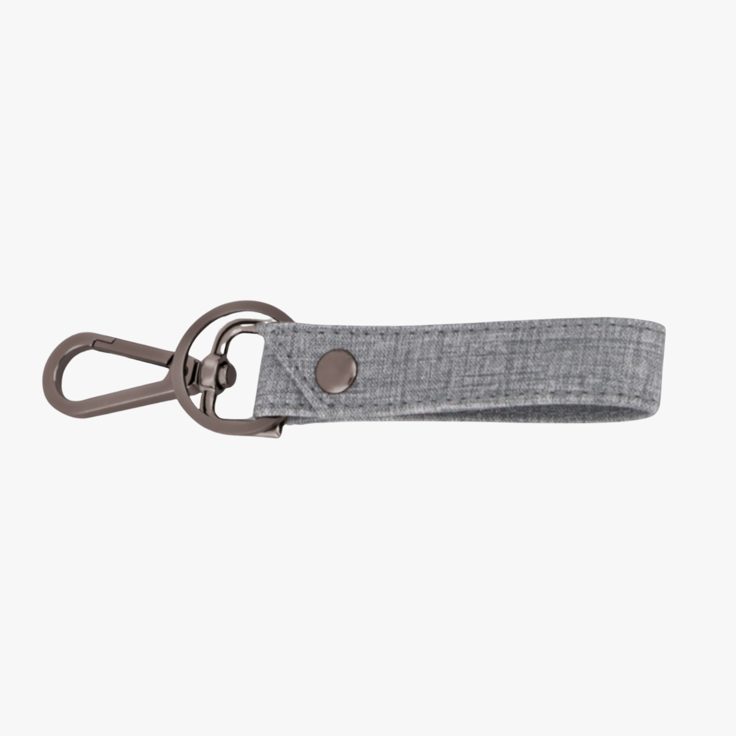 Gray keychain with metal clip on a white background