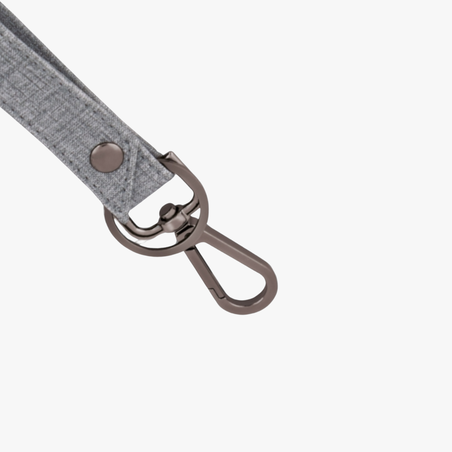 Gray fabric keychain with metal clip on a white background