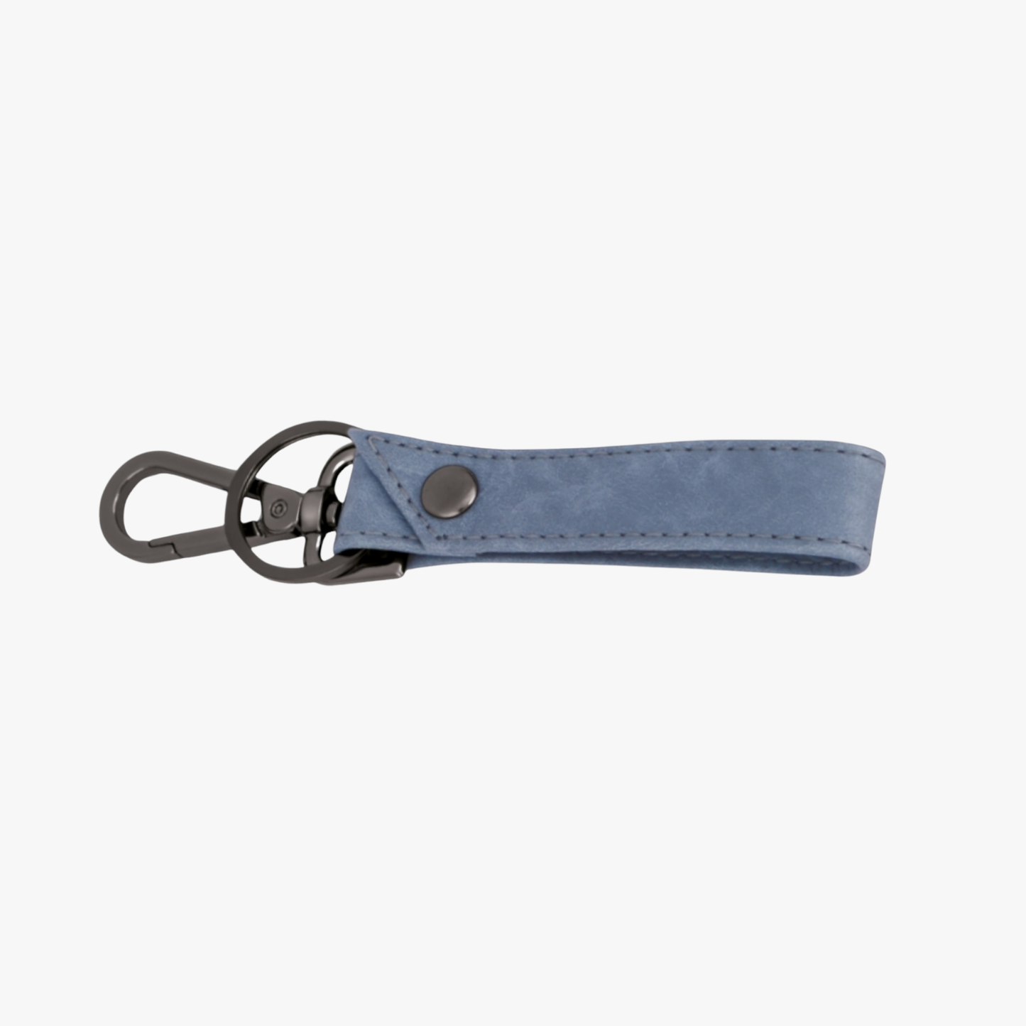 Blue keychain with metal clip on a white background