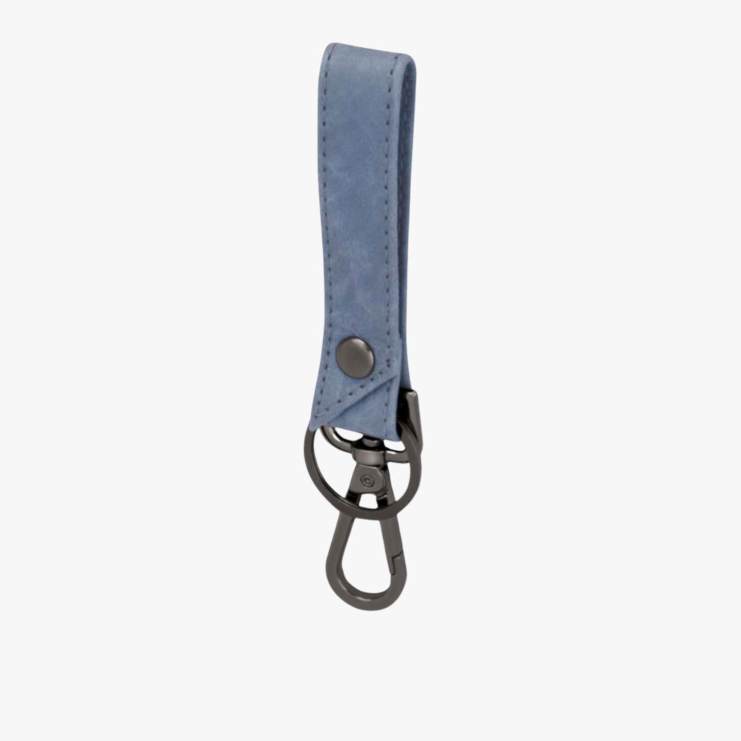 Blue leather keychain with metal clip on a white background