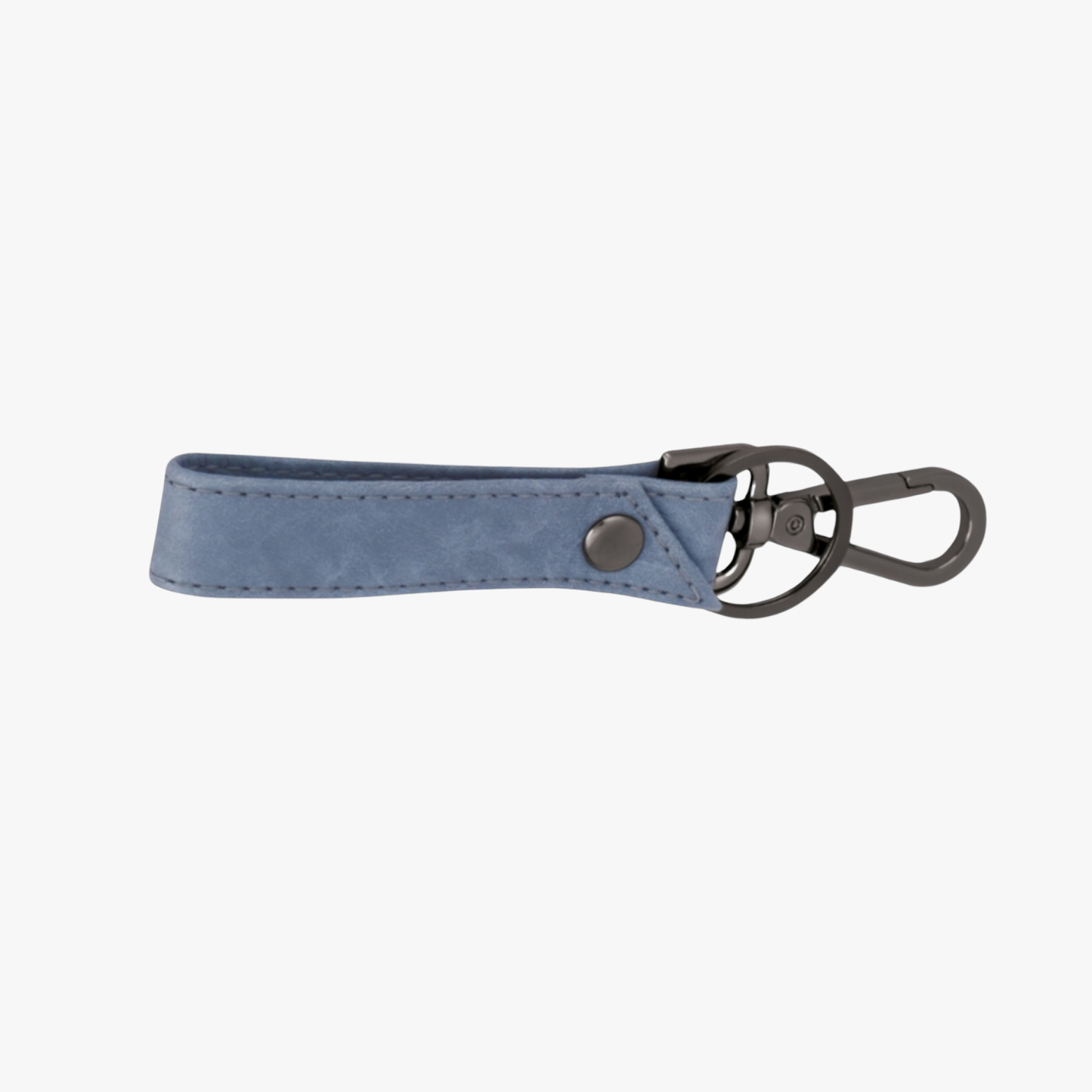 Blue leather keychain with a metal clasp on a white background