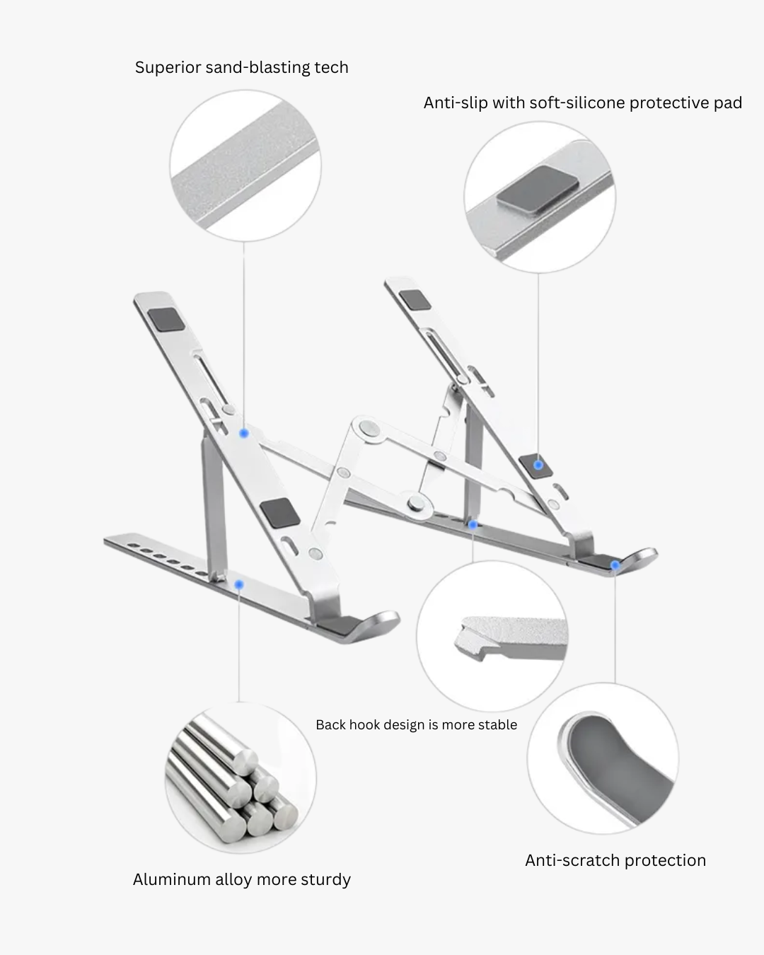 Laptop stand with features highlighted on a white background