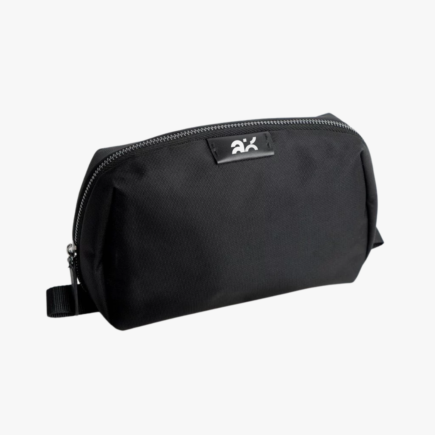 Black toiletry bag with a brand logo on a white background
