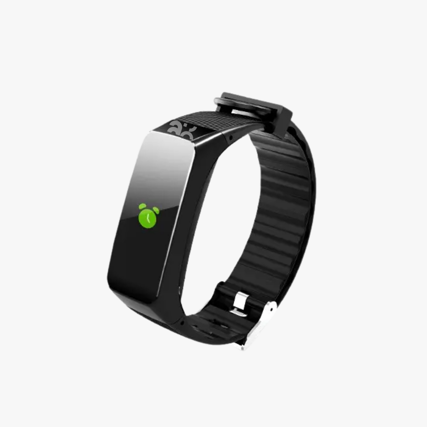 Black smartwatch with a green icon on a white background