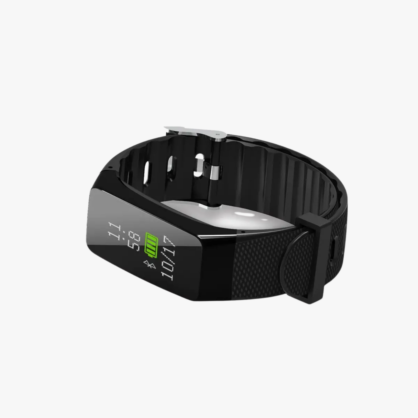 Black smartwatch with digital display on a white background