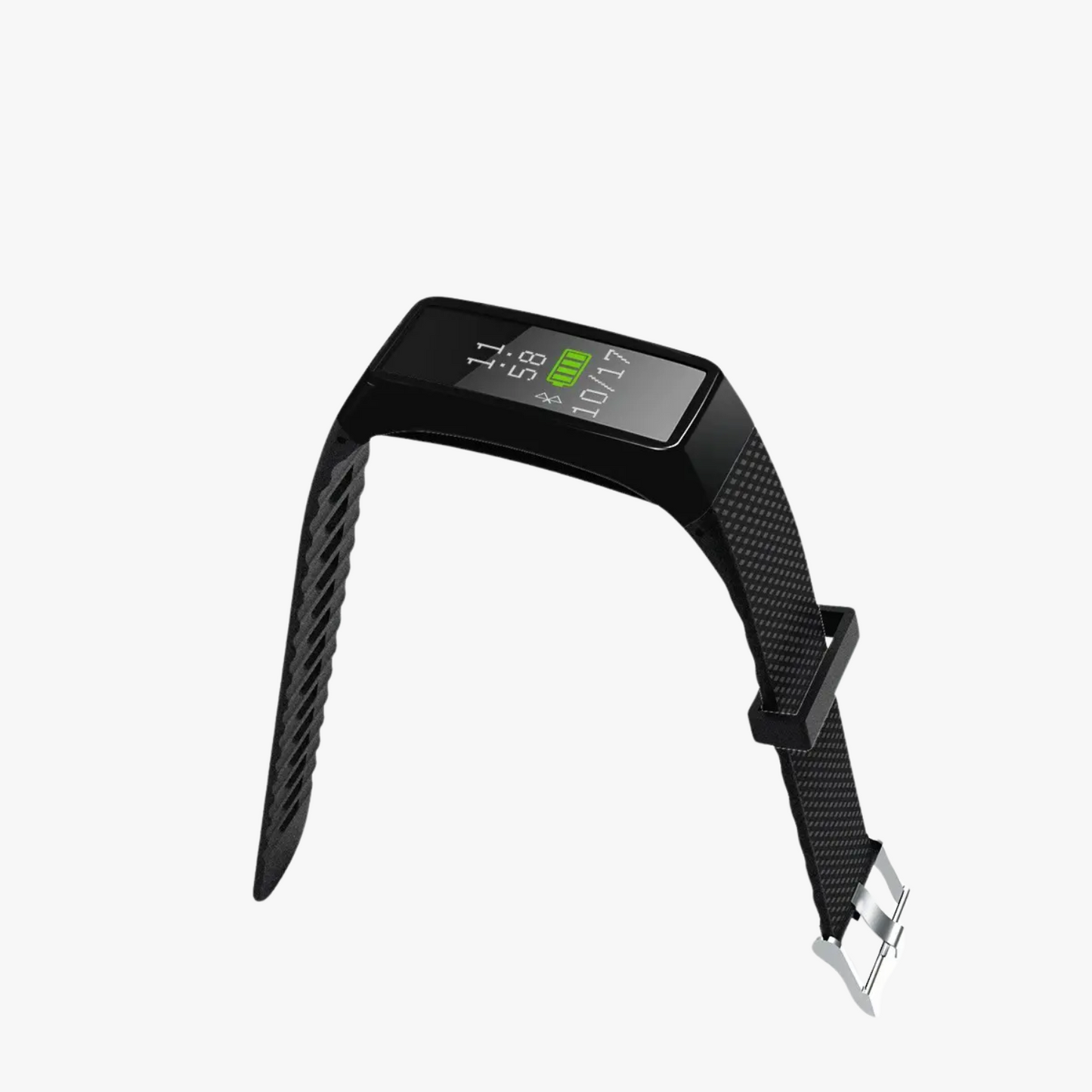Black smartwatch with digital display on a white background