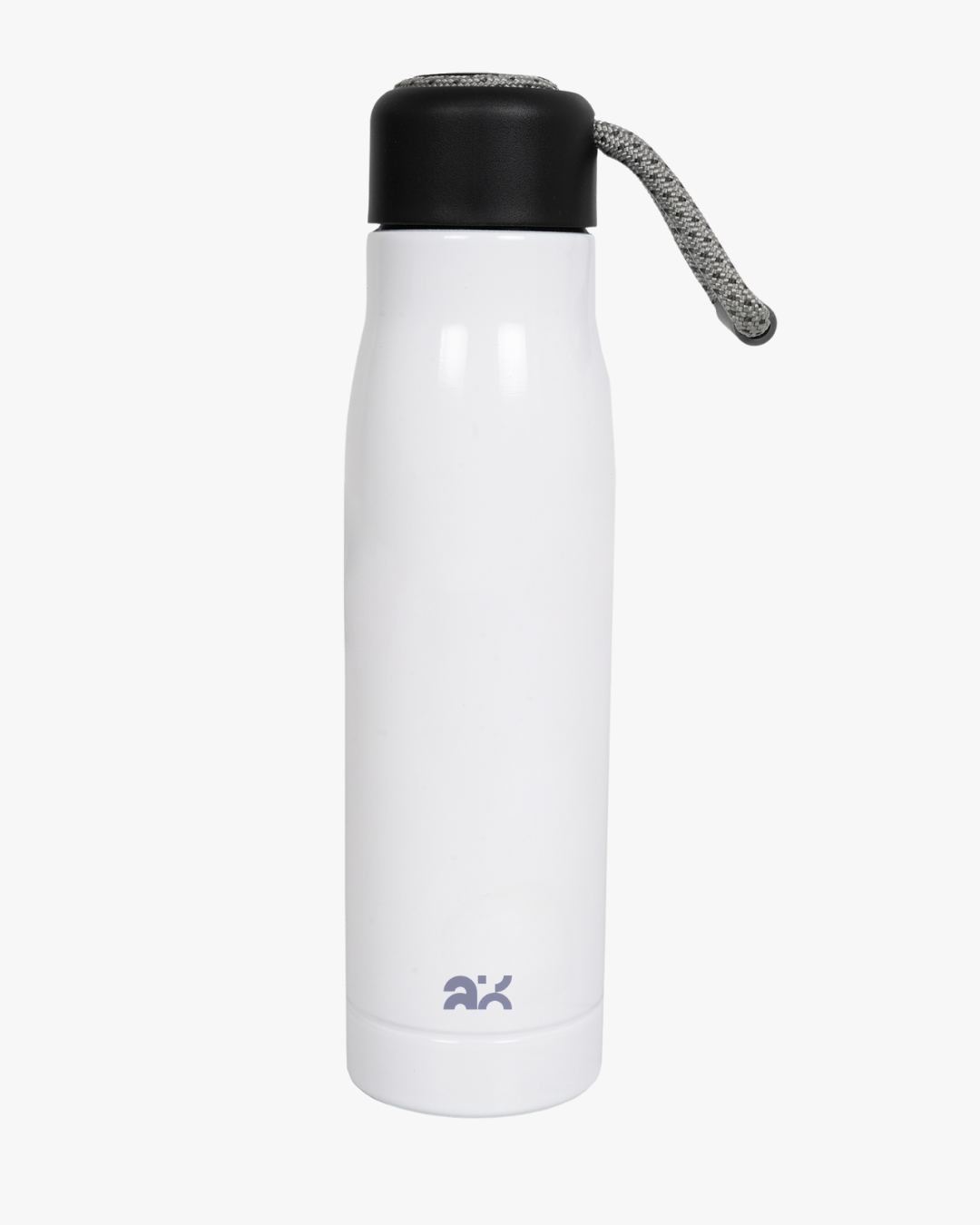 White water bottle with black lid and gray strap on a white background