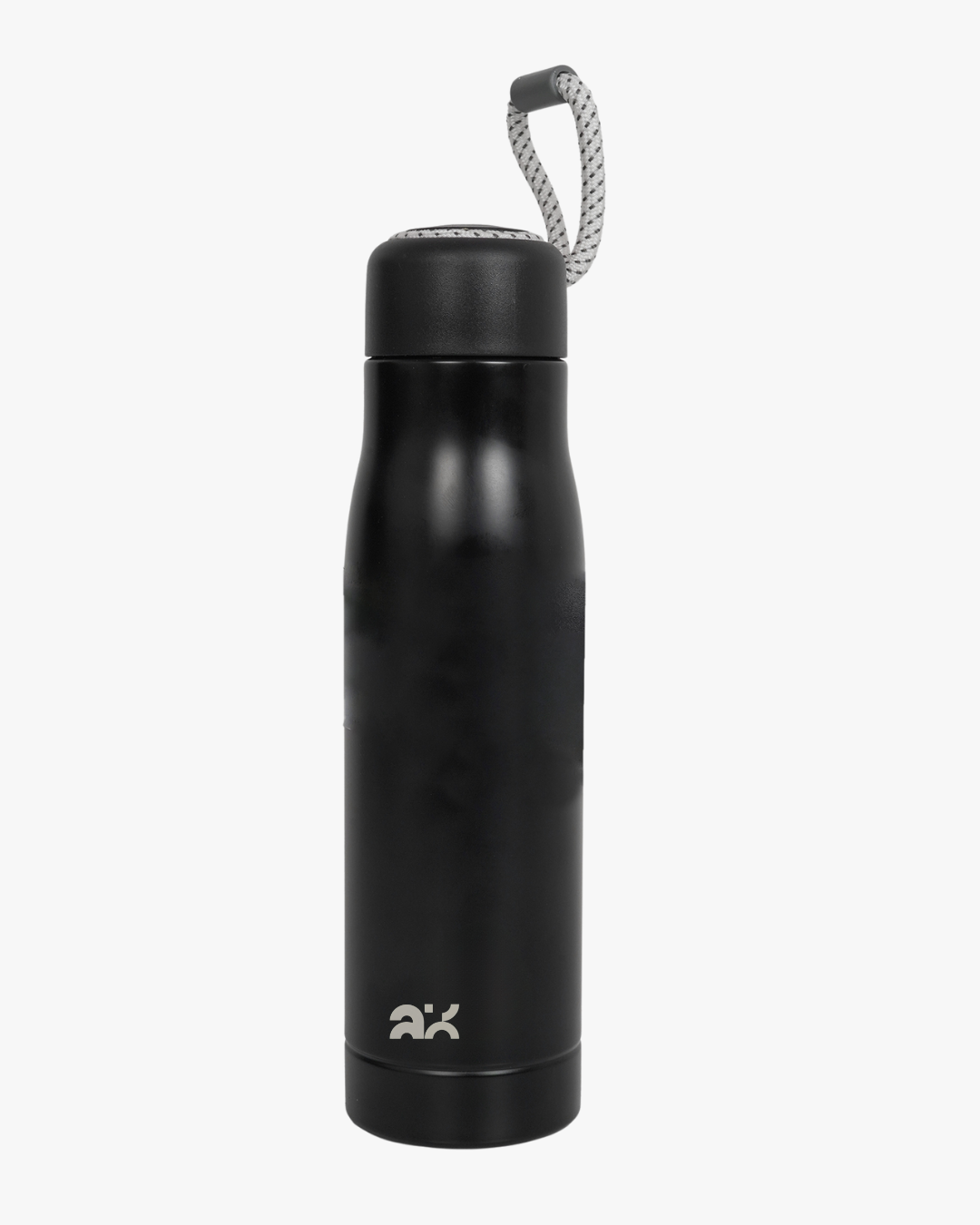 Black water bottle with a rope handle on a white background