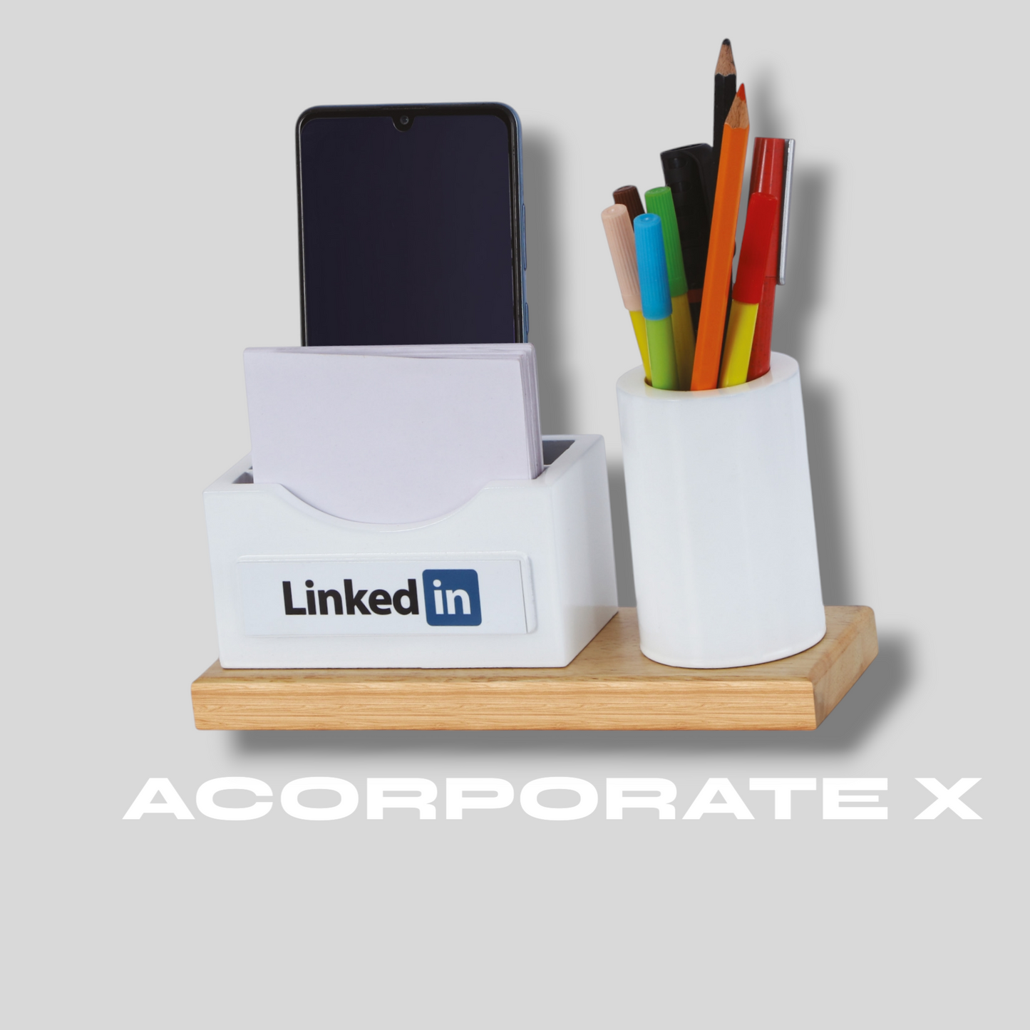 Wooden custom desk organizer with pen stand, phone holder, and logo branding – ideal for office use and gifting