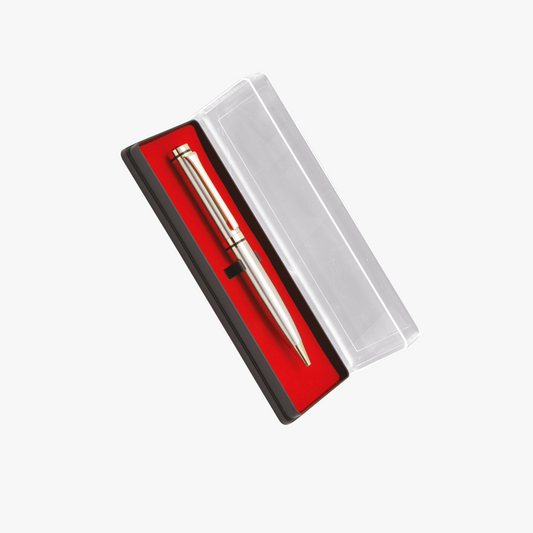 Silver pen in a red and white box 