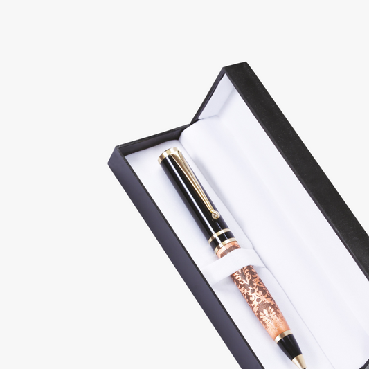 Luxury pen set with black and gold accents in a box