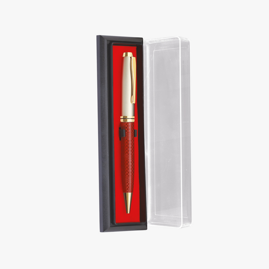 Pen with red body and gold accents in a black box 