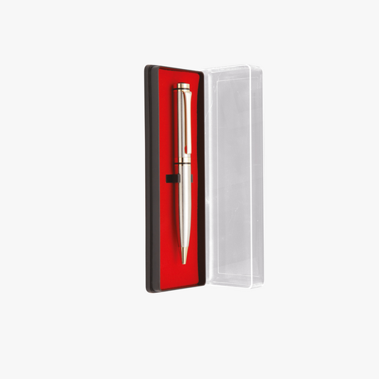 Silver pen in a red and black box Rose gold pen 