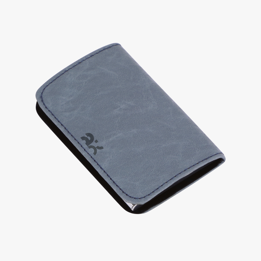 Blue wallet with a brand logo on a white background