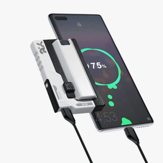 Phone with a charging cable and device holder on a white background