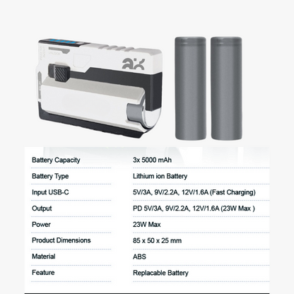 Product packaging with two batteries and technical specifications on a white background