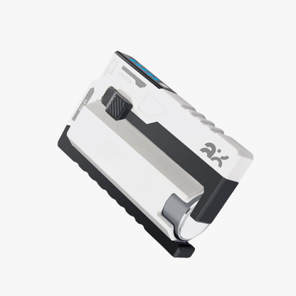 White and black electronic device with a brand logo on a white background
