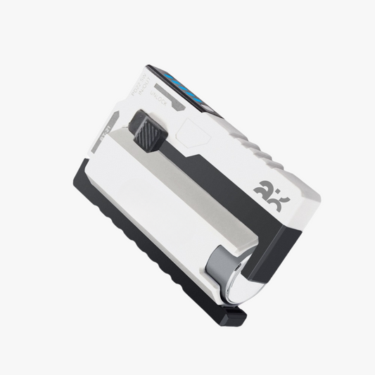White and black electronic device with a brand logo on a white background