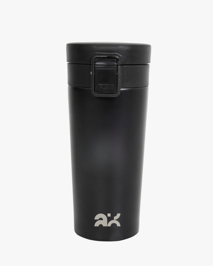 Black travel mug with a logo on a white background
