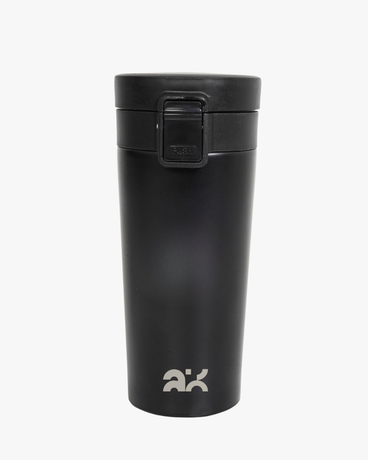 Black travel mug with a logo on a white background