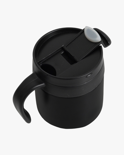 Black travel mug with a lid on a white background