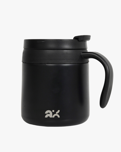 Black insulated mug with handle on a white background