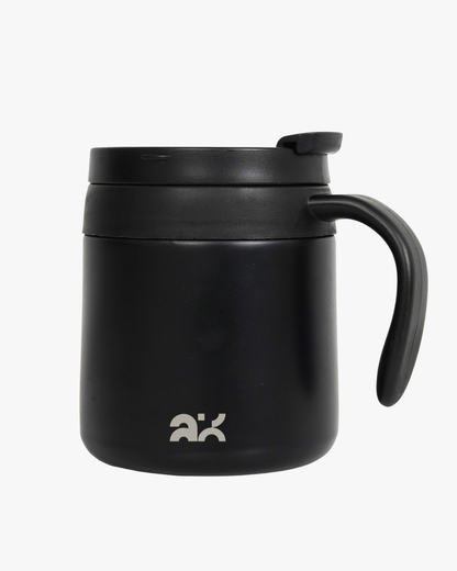 Black insulated mug with handle on a white background