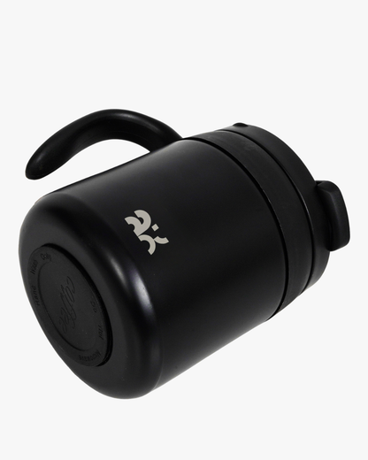 Black insulated mug with a logo on a white background
