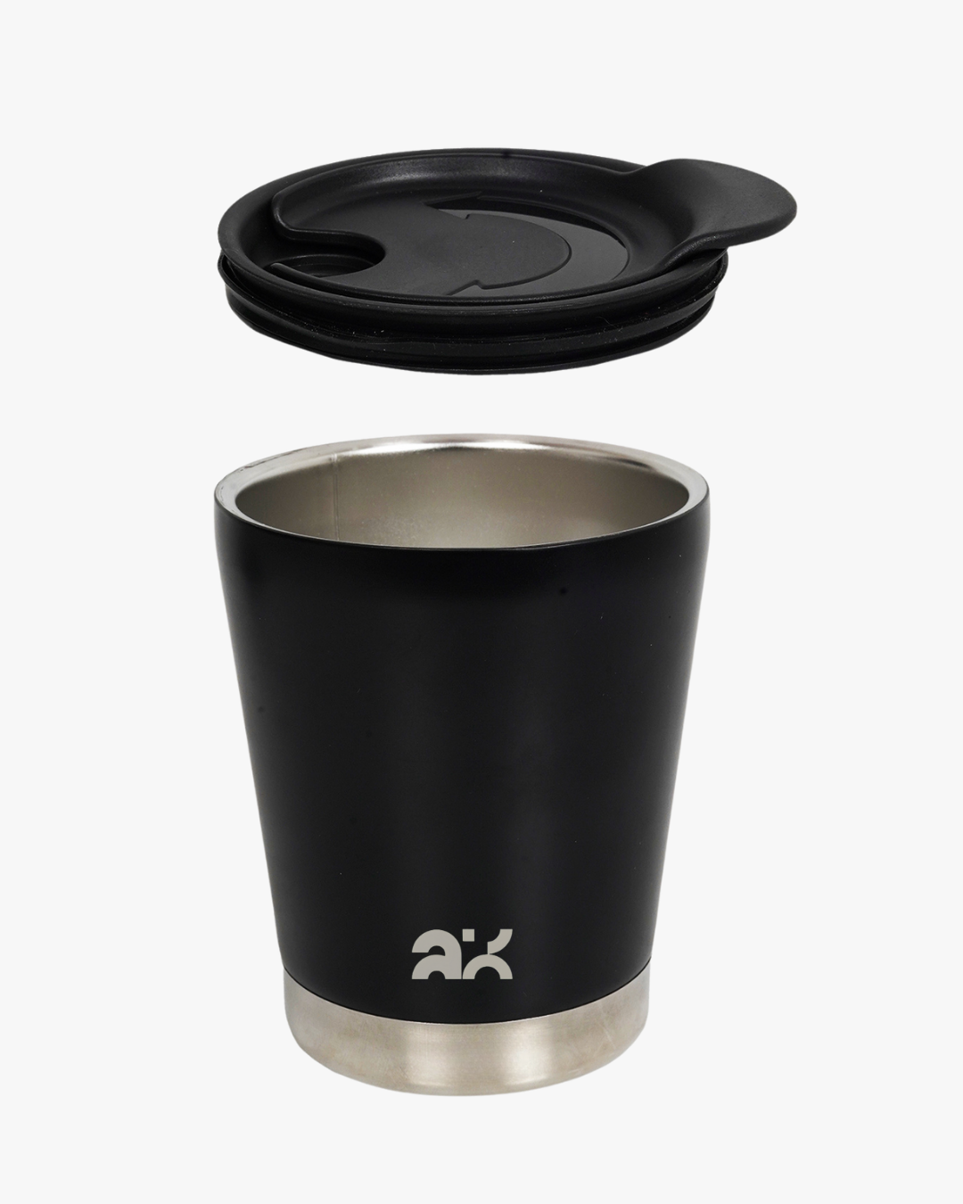 Black insulated mug with a lid on a white background