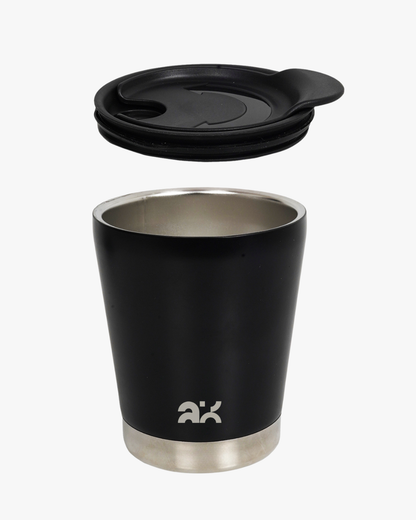 Black insulated mug with a lid on a white background