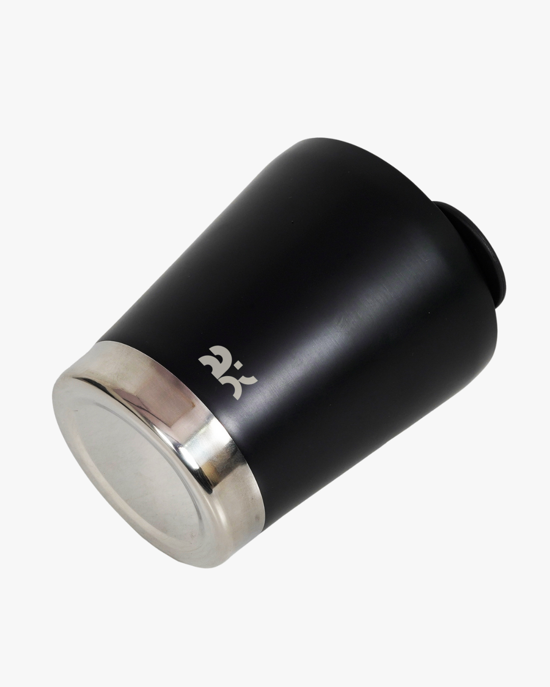 Black and silver car cup holder with a logo on a white background