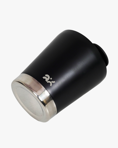 Black and silver car cup holder with a logo on a white background