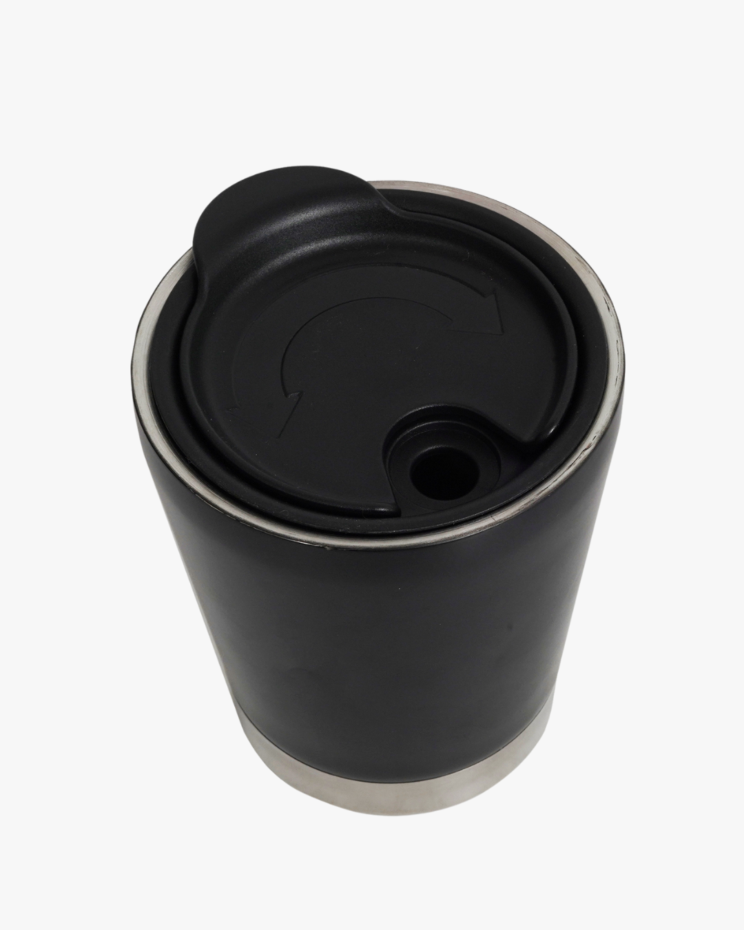 Black insulated tumbler with a silver base on a white background