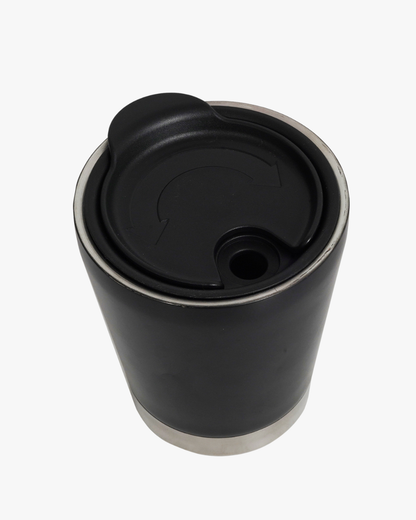 Black insulated tumbler with a silver base on a white background
