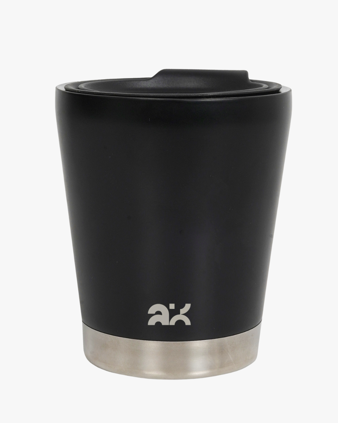 Black insulated mug with silver base on a white background