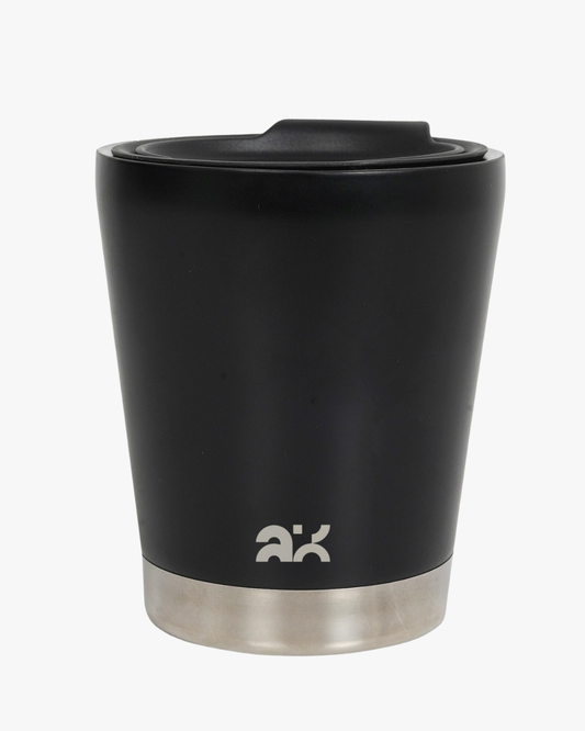 Black insulated mug with silver base on a white background