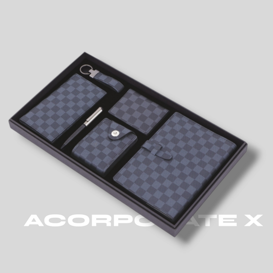 Set of checkered pouches and a pen in a black box with 'ACORPCATE X' branding.