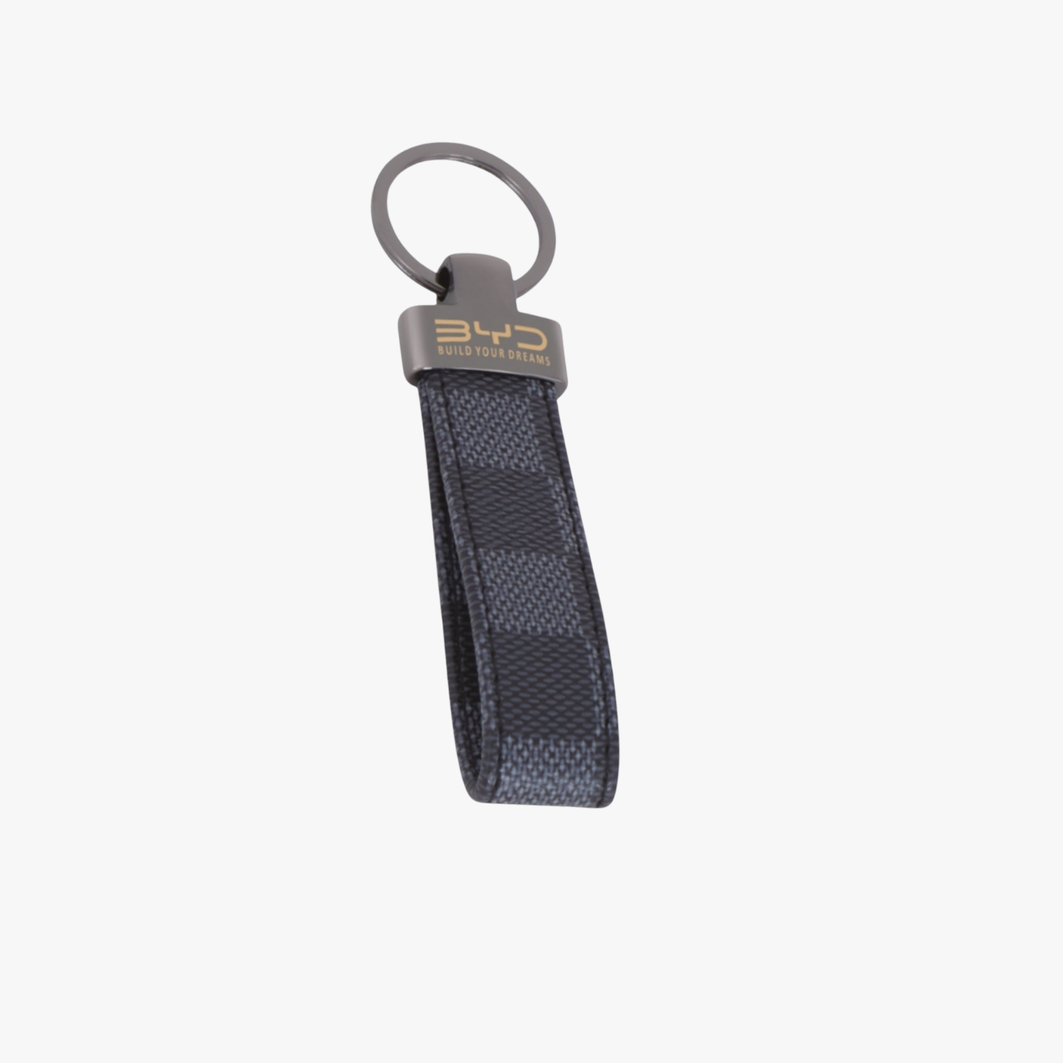 Keychain with checkered pattern and BYD logo on a white background