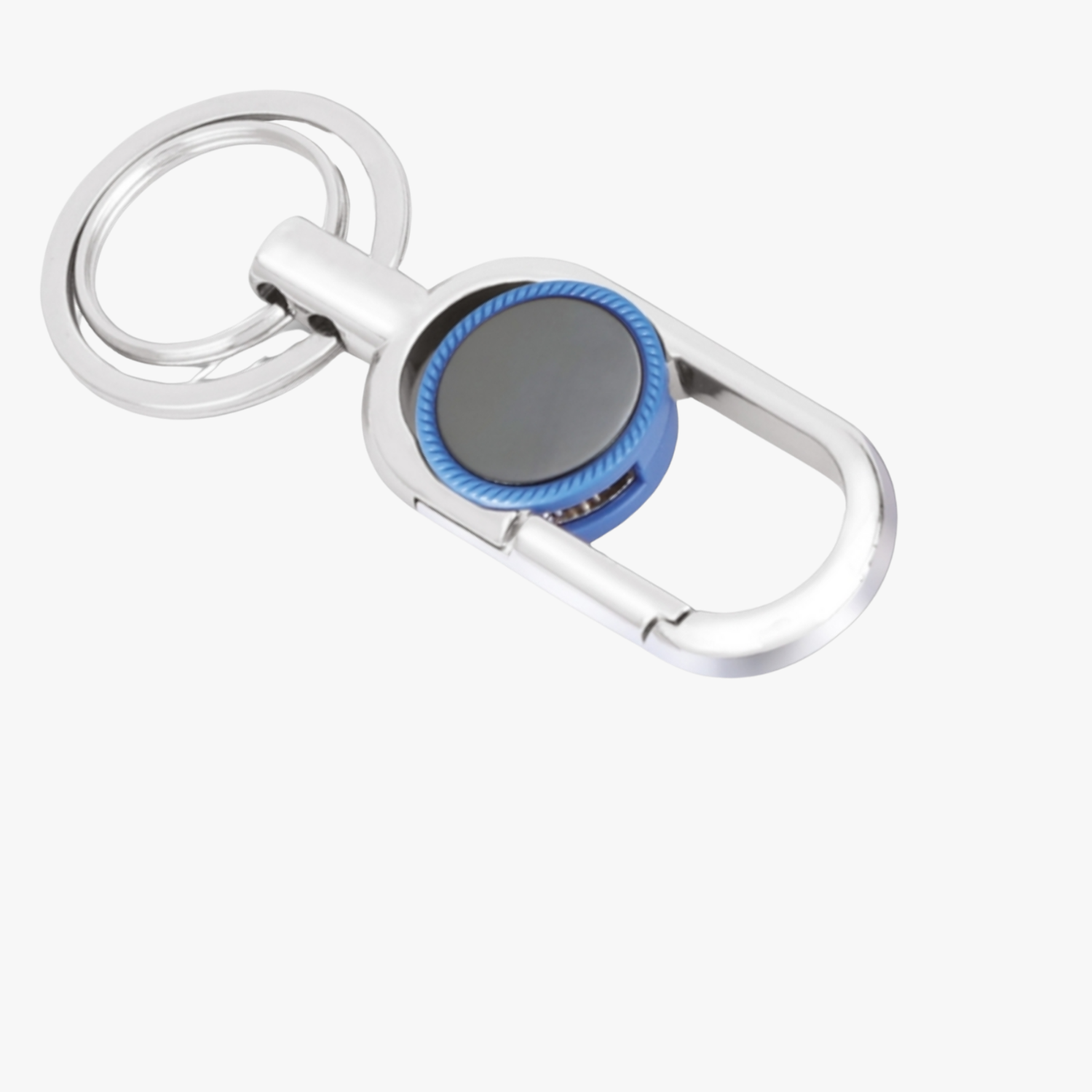 Silver keychain with blue accent on a white background