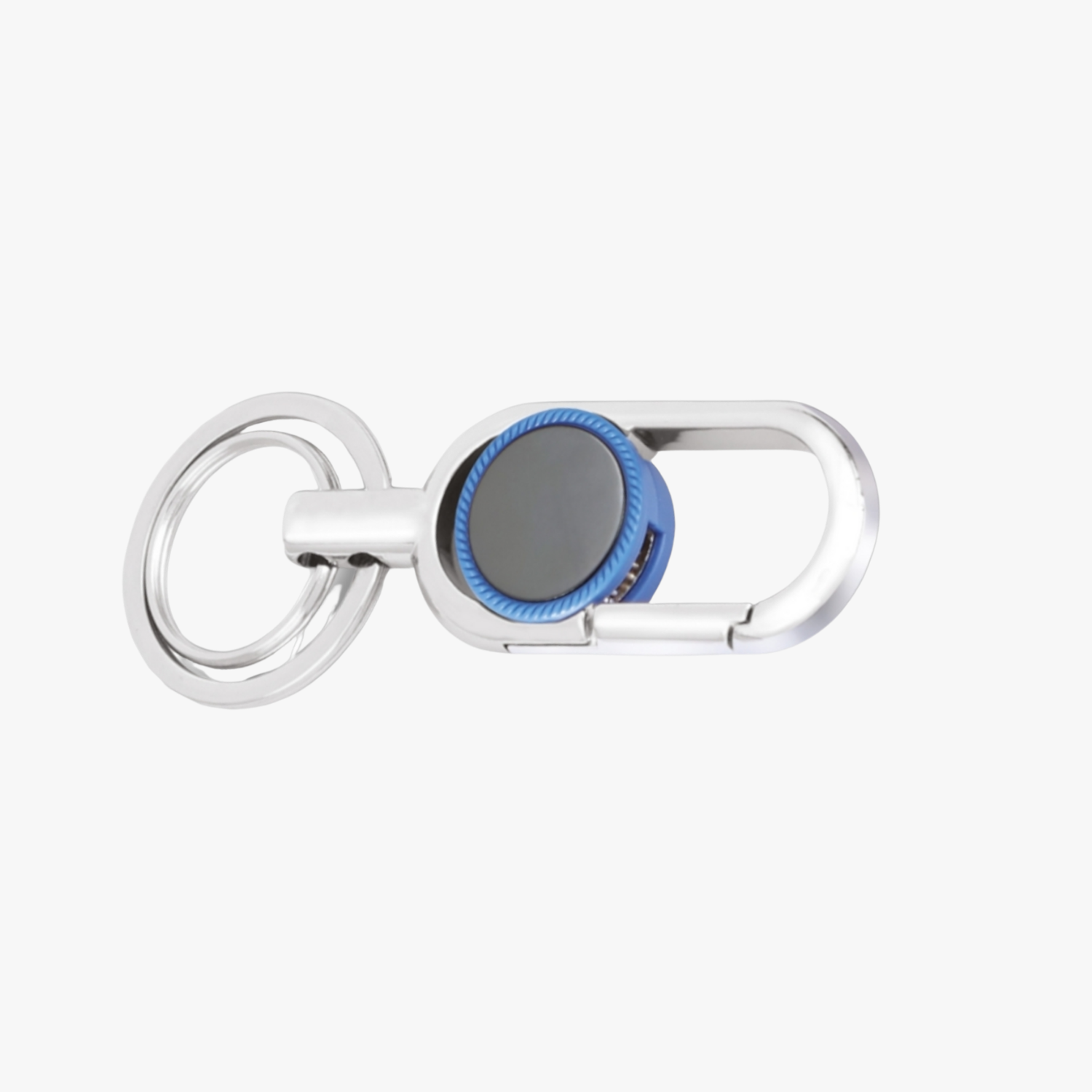 Metallic keychain with a blue accent on a white background